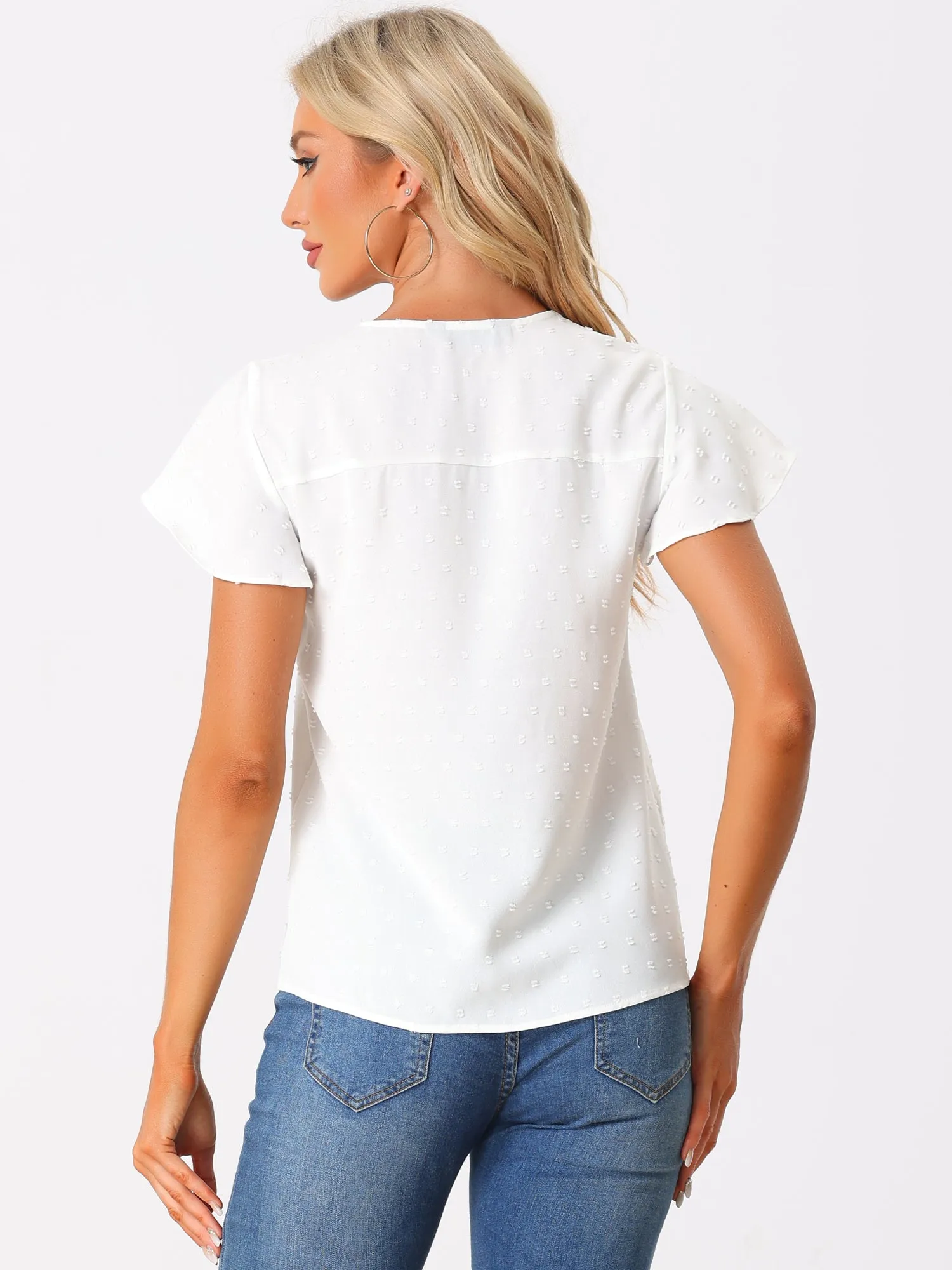 V Neck Lace Crochet Ruffles Cap Sleeves Swiss Dots Blouse sold by Allegra K product image thumbnail 3