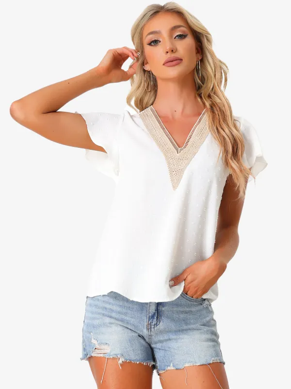 V Neck Lace Crochet Ruffles Cap Sleeves Swiss Dots Blouse sold by Allegra K