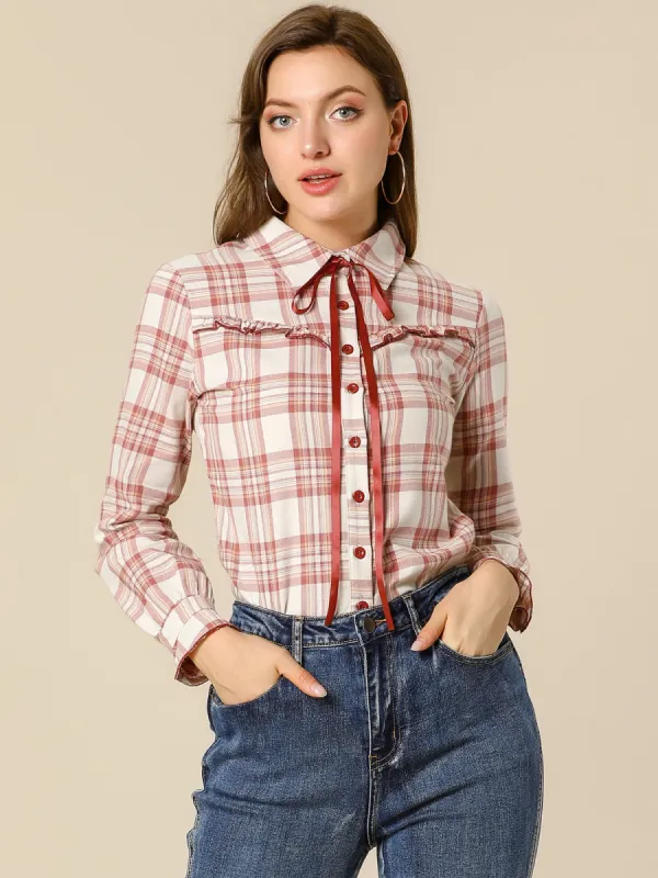 Tartan Button Down Shirt Plaid Long Sleeve Spring Top Blouse sold by Allegra K