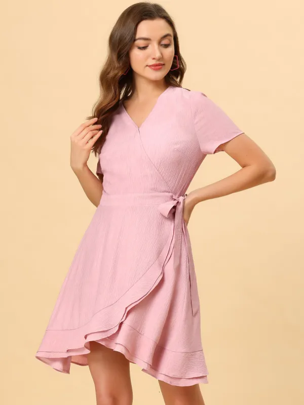 Wrap V Neck Ruffled Hem Tie Waist Short Sleeve Summer Flare Dress sold by Allegra K