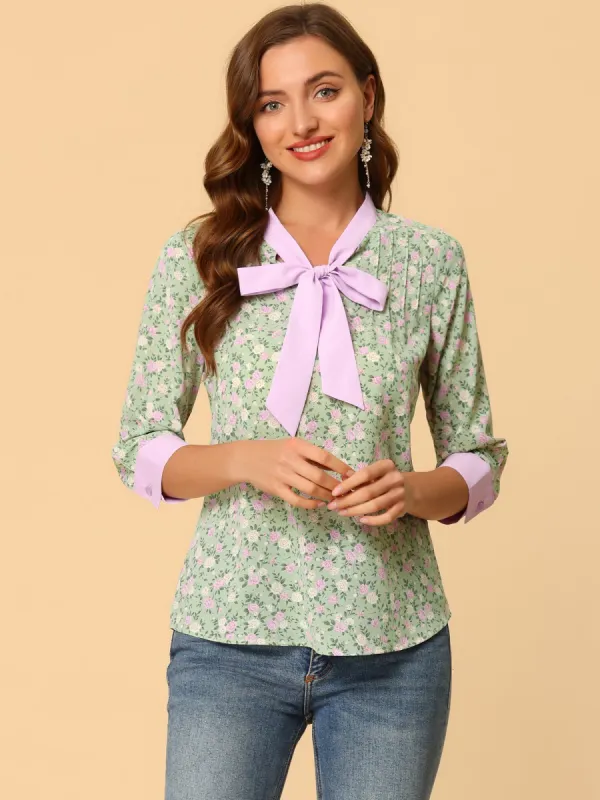 Floral Tops Bow Tie V Neck Contrast Trim 3/4 Sleeve Vintage Blouse sold by Allegra K