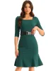 Work Office Dress Square Neck Knee Length Belted Dress sold by Allegra K