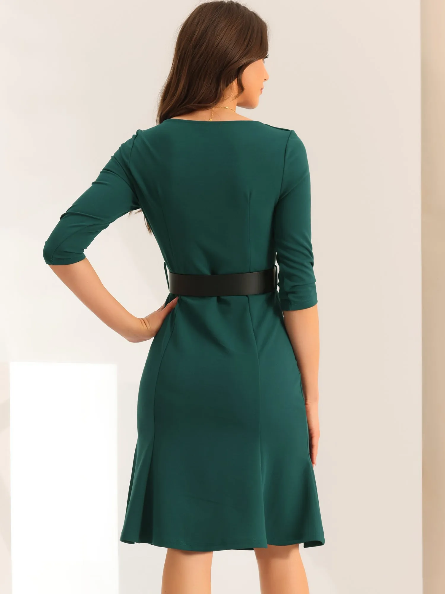 Work Office Dress Square Neck Knee Length Belted Dress sold by Allegra K product image thumbnail 3