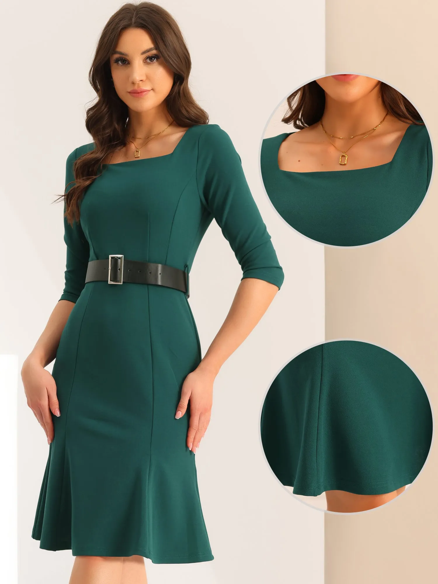 Work Office Dress Square Neck Knee Length Belted Dress sold by Allegra K product image thumbnail 2