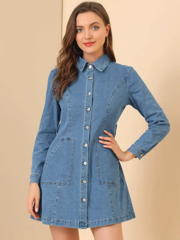 Turn-Down Collar Belted Puff Long Sleeve Denim Shirt Dress sold by Allegra K
