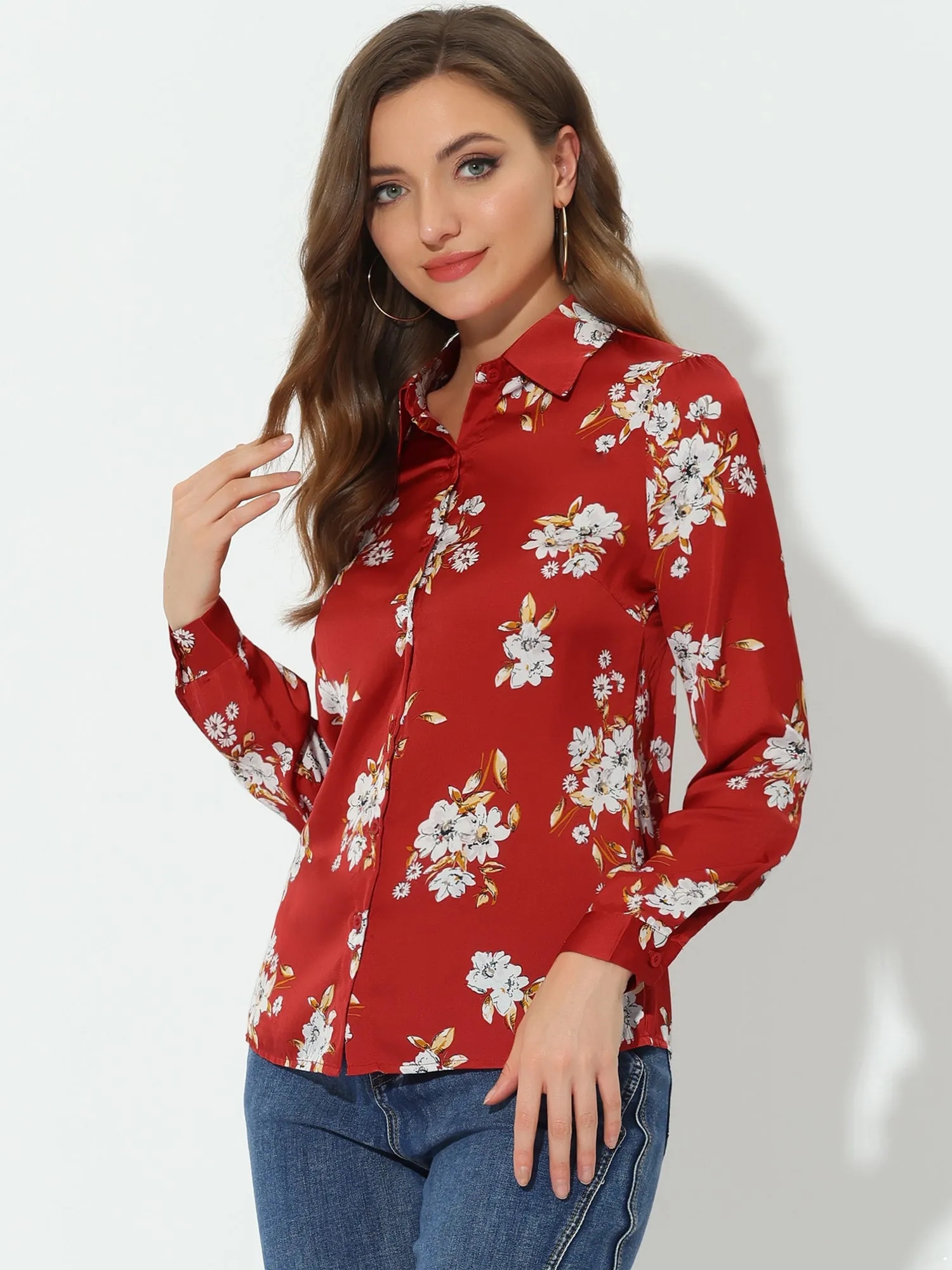 Floral Blouse Point Collar Long Sleeve Button Down Shirt sold by Allegra K