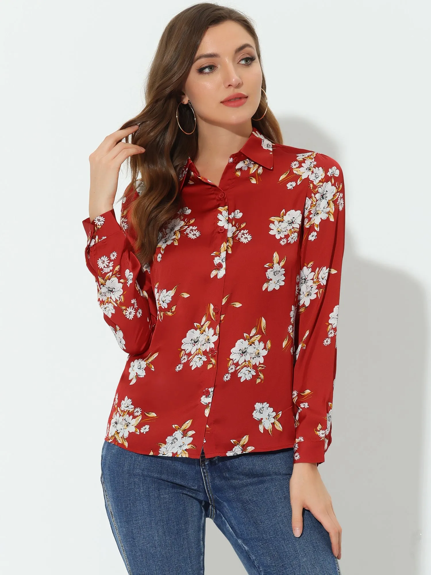 Floral Blouse Point Collar Long Sleeve Button Down Shirt sold by Allegra K product image thumbnail 2