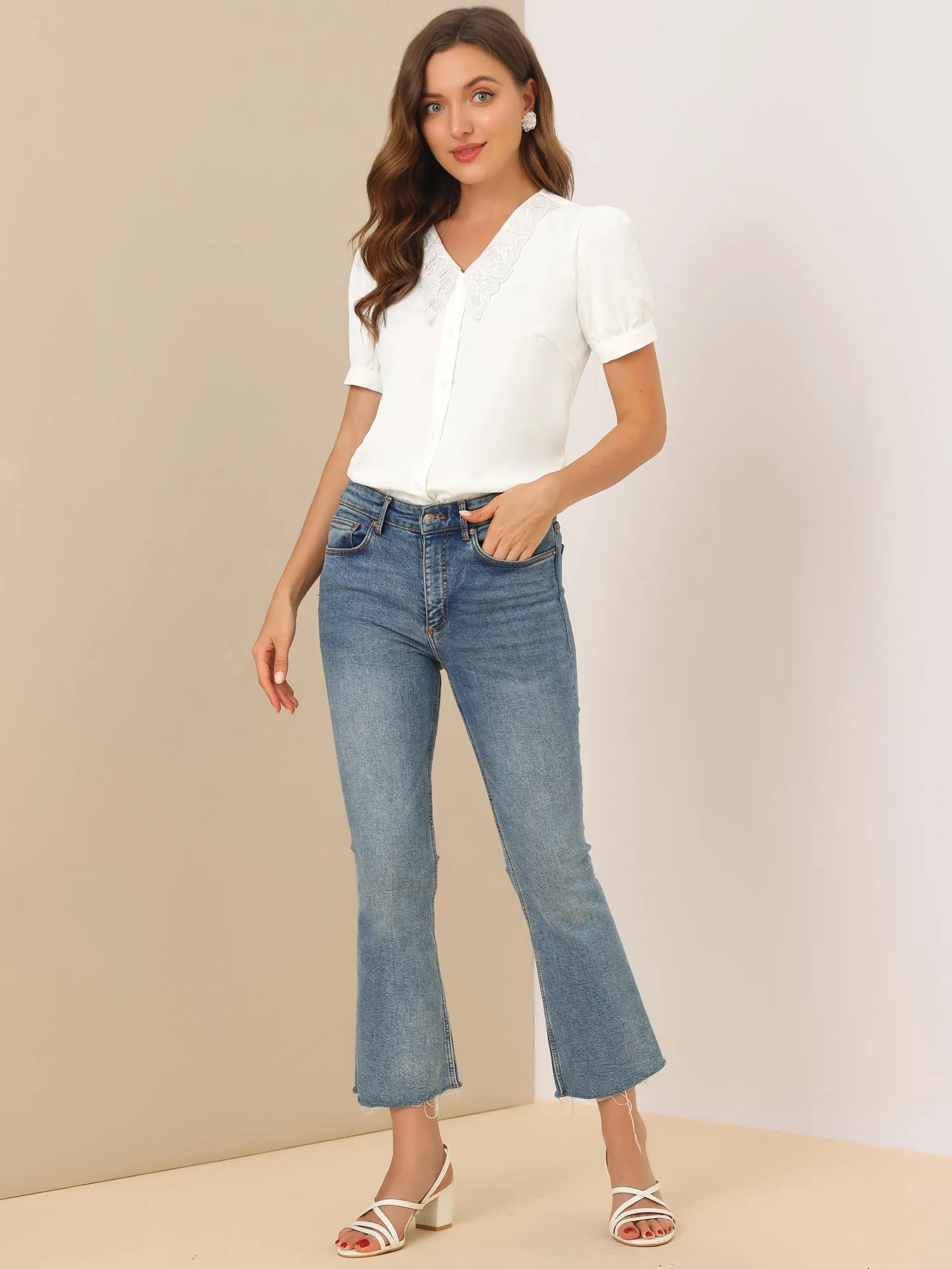 Puff Sleeve Office Tops Collared Work Button Down Shirt sold by Allegra K product image thumbnail 2