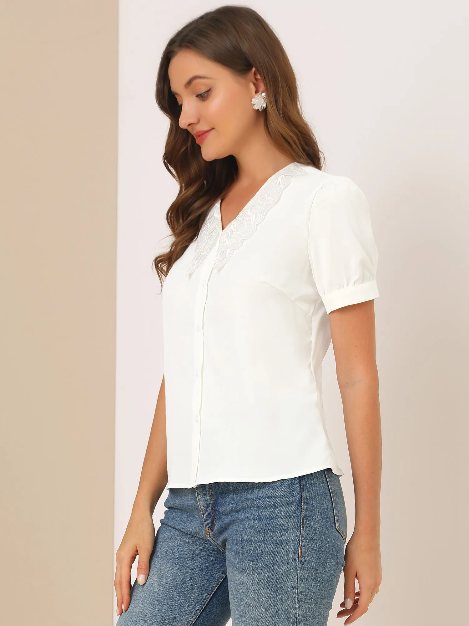 Puff Sleeve Office Tops Collared Work Button Down Shirt sold by Allegra K product image thumbnail 3