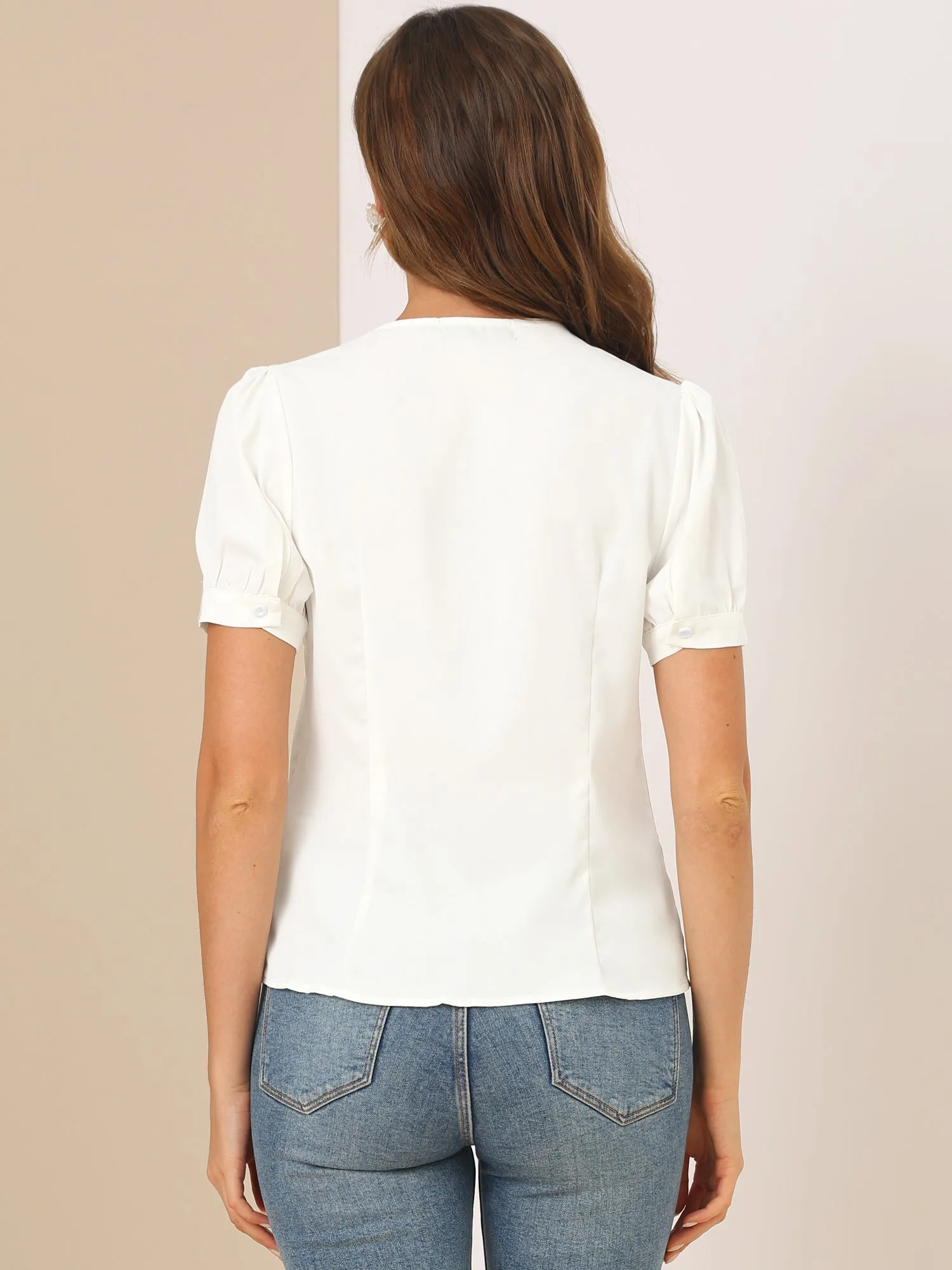 Puff Sleeve Office Tops Collared Work Button Down Shirt sold by Allegra K product image thumbnail 4
