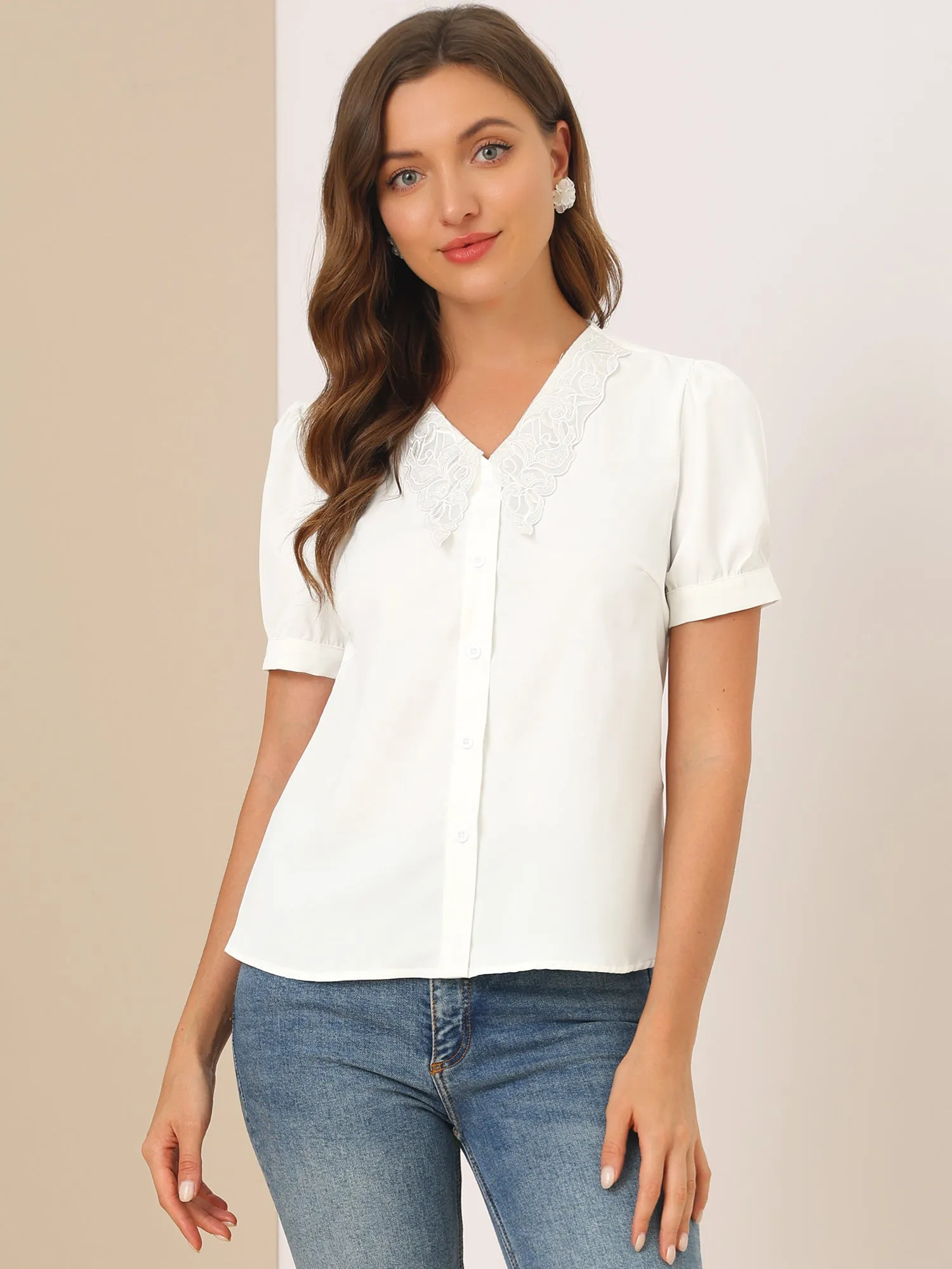 Puff Sleeve Office Tops Collared Work Button Down Shirt sold by Allegra K