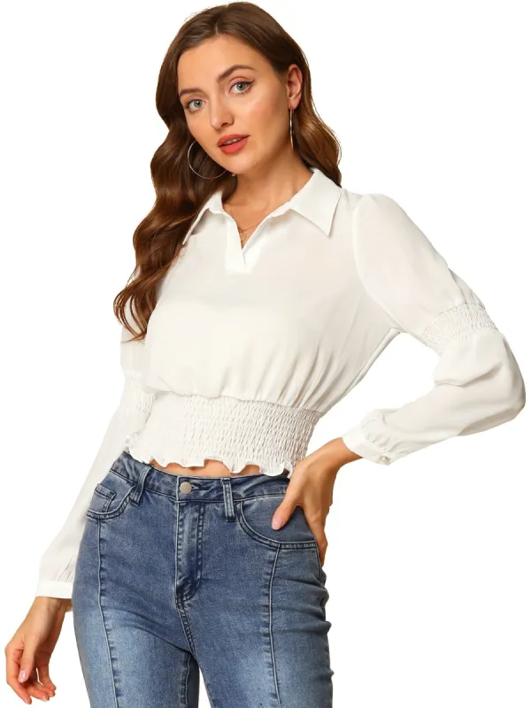 Women's Smocked Crop Top Sheer Mesh Long Sleeve Point Collar Chiffon Blouse sold by Allegra K