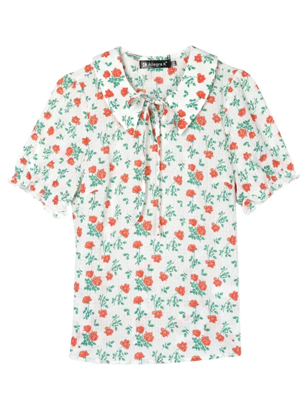 Women's Peter Pan Collar Puff  Short Sleeve Elegant Chiffon Floral Blouse sold by Allegra K