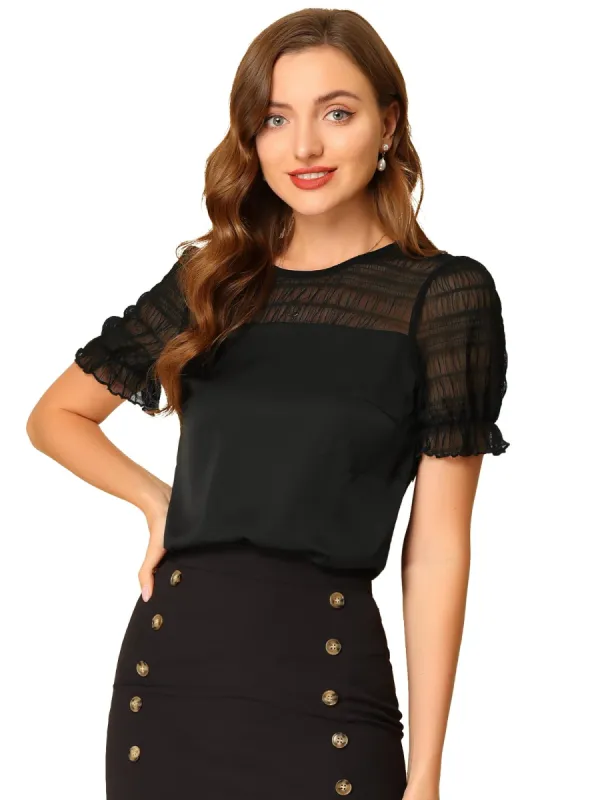 Women's Lace Panel Keyhole Back Round Neck Puff Short Sleeve Tops sold by Allegra K