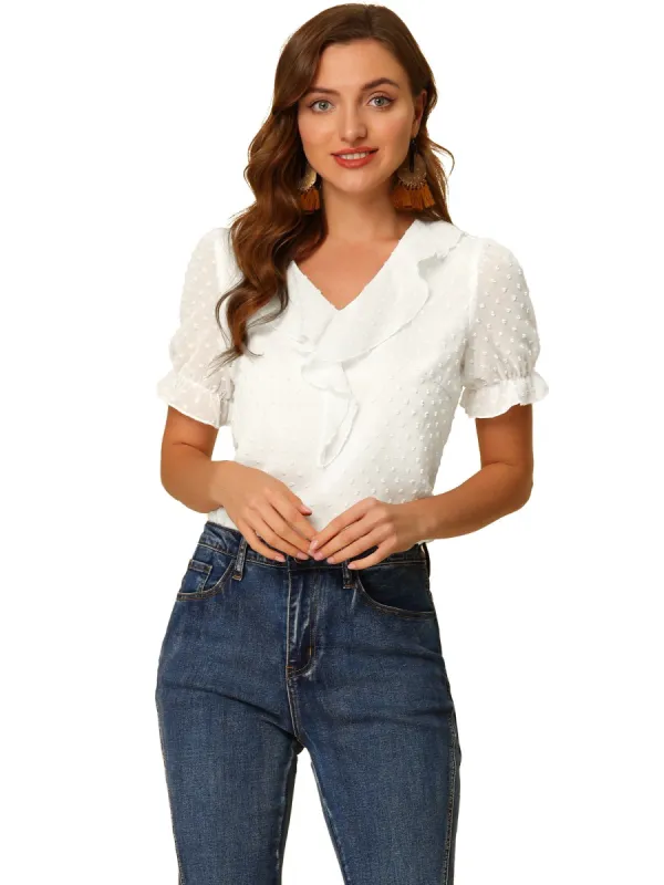 Allegra K Women's Swiss Dots Blouse Ruffle V Neck Short Sleeve Chiffon Peasant Top sold by Allegra K