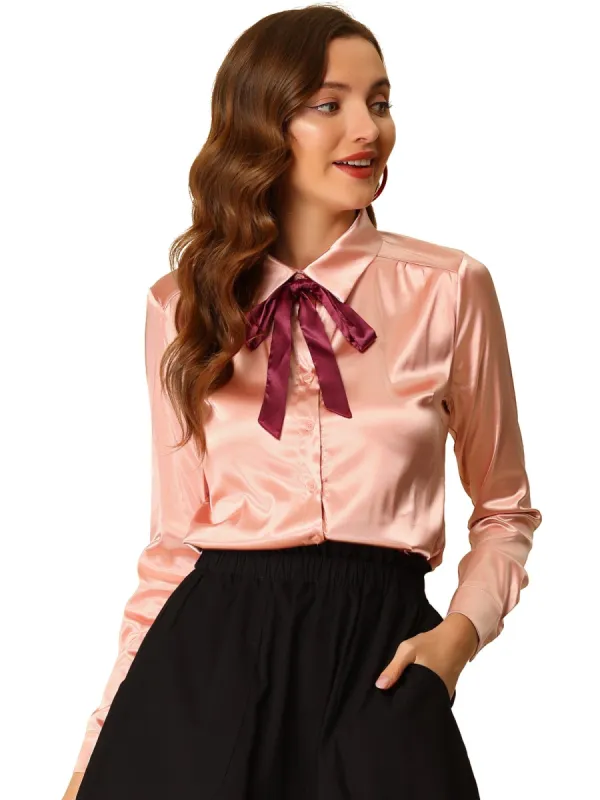 Women's Long Sleeve Tie Bow Neck Satin Chiffon Tops sold by Allegra K
