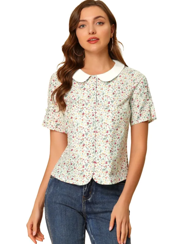 Women's Peter Pan Collar Blouse Puff Sleeve Top Button Down Floral Shirt sold by Allegra K