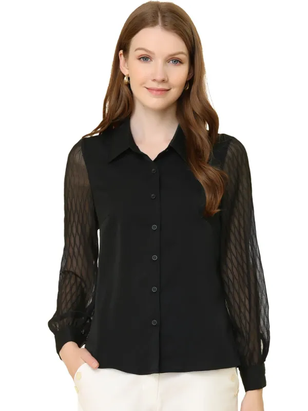 Women's Work Office Shirt Textured Sheer Sleeve Button Down Chiffon Blouse sold by Allegra K