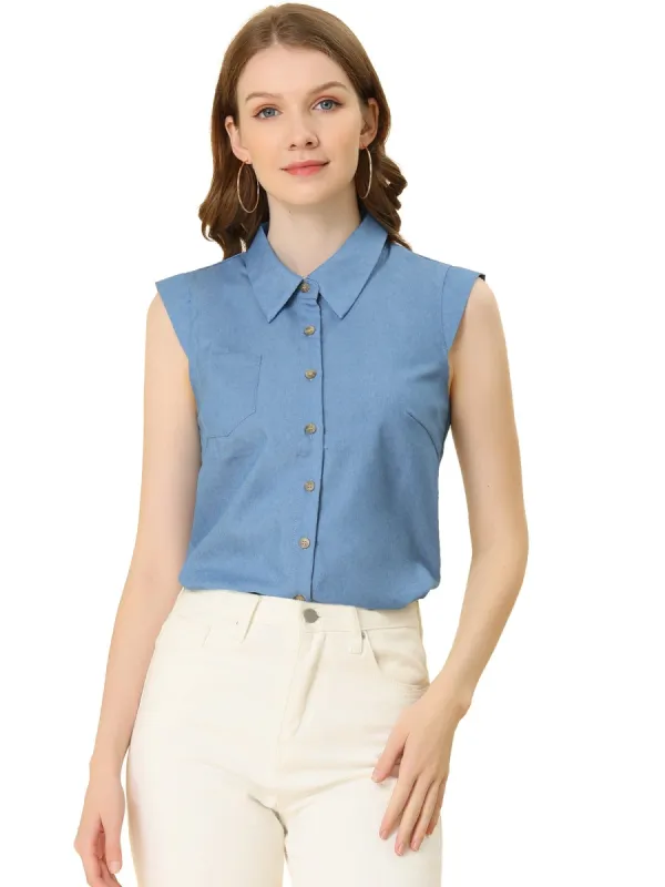 Women's Button Down Sleeveless Shirts Solid Collar Office Work Chambray Shirt sold by Allegra K