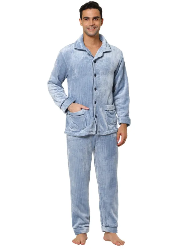 Men's Fleeced Pajamas Sets Button Closure Camp Collar Long Sleeves Flannel Plush Nightwear Pjs sold by Allegra K