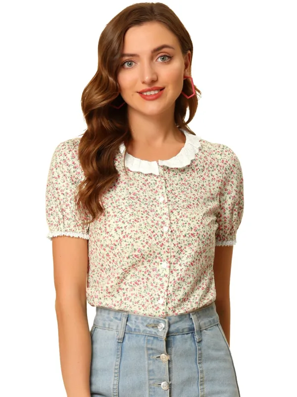 Women's Floral Embroidered Round Neck Puff Short Sleeve Peasant Shirt Top sold by Allegra K