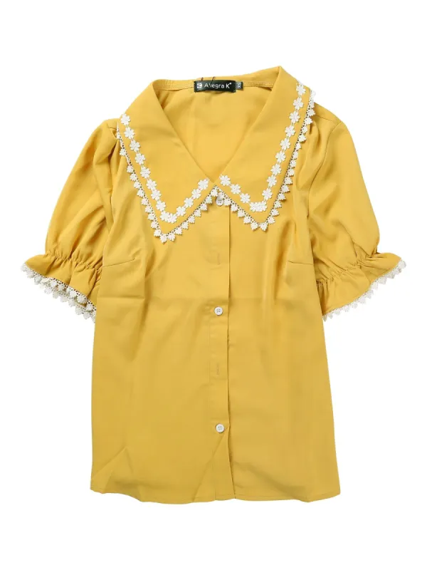 Women's Sweet Peter Pan Contrast Collar Short Sleeves Button Up Blouse Tops sold by Allegra K