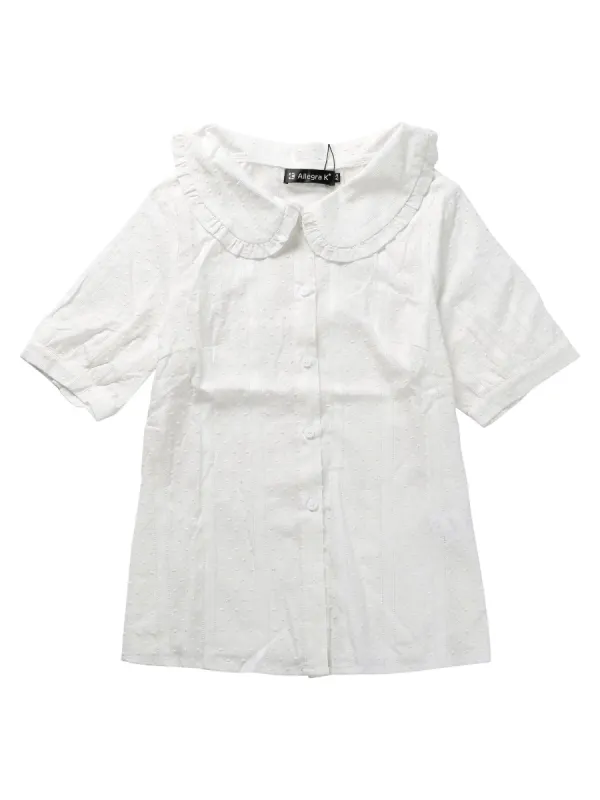 Women's Peter Pan Collar Swiss Dots Short Sleeves Button Front Shirt Blouse sold by Allegra K