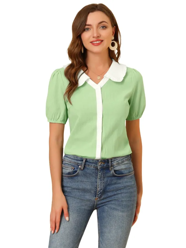 Allegra K Women's Peter Pan Collar Shirt Contrast Color Half Sleeve Button Down Blouse sold by Allegra K