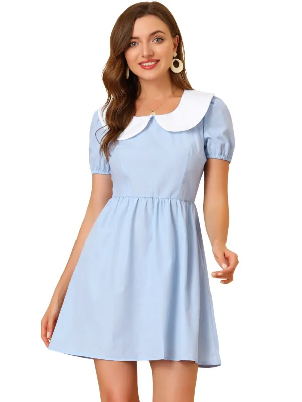 Women's Contrast Peter Pan Collar Puff Short Sleeve A-line Dress sold by Allegra K