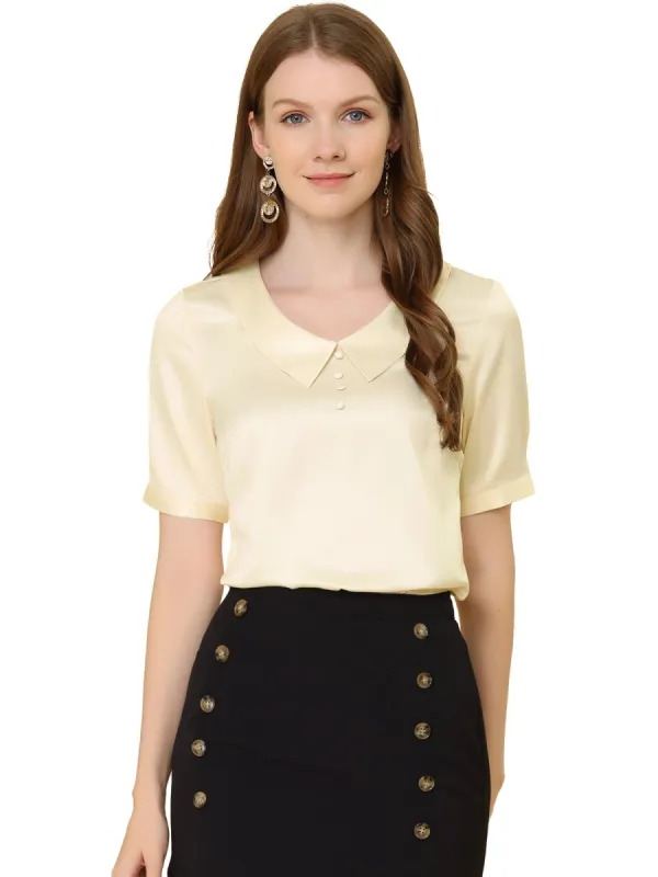 Women's Turndown Collar Button Decor Short Sleeve Satin Blouse sold by Allegra K