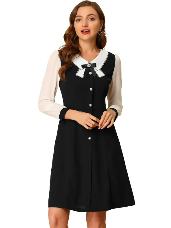 Women's Contrast Collar Long Sleeves A-Line Elegant Button Decor Short Dress sold by Allegra K