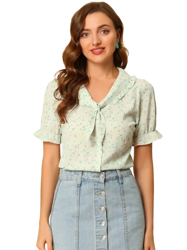 Women's Floral Print Tie Neck Ruffle Decor Ruffle Cuffs Tops sold by Allegra K
