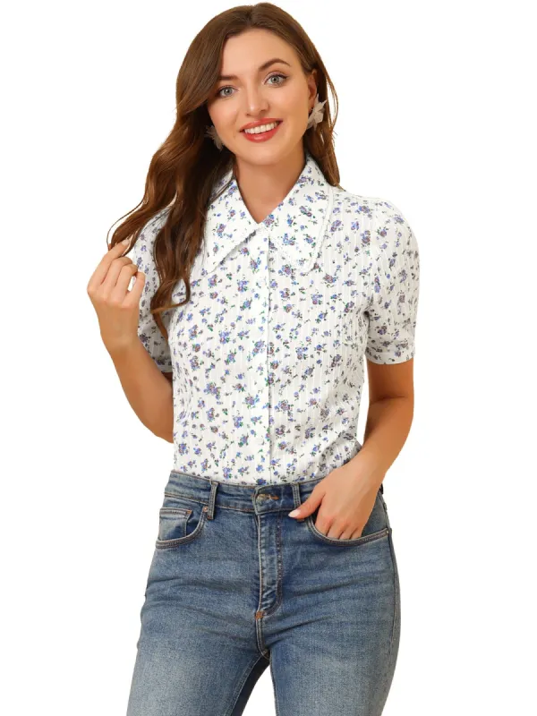 Women's Floral Peter Pan Collar Lace Trim Short Sleeve Button Down Floral Blouse sold by Allegra K