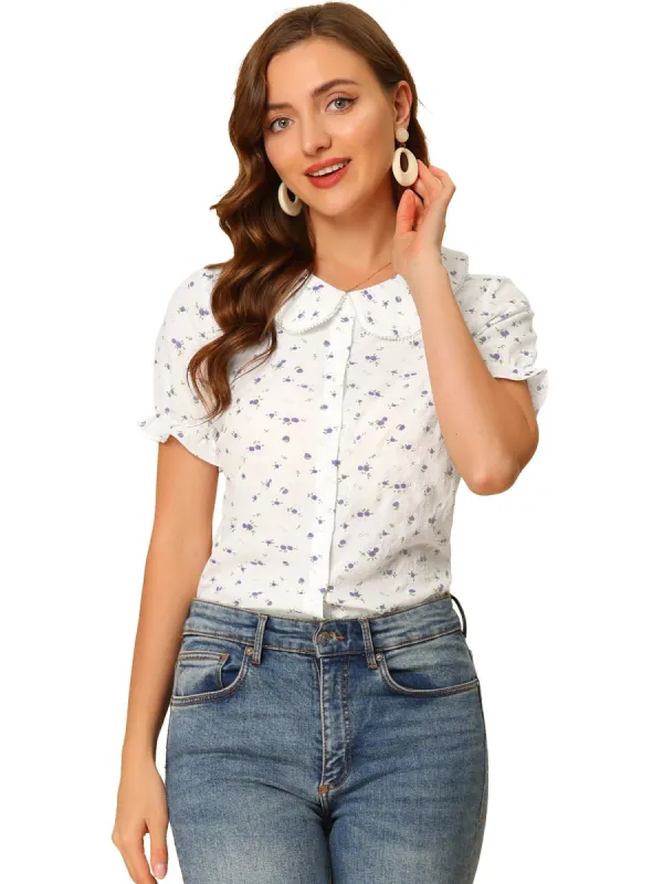 Women's Peter Pan Collar Button Up Pearl Decor Floral Tops sold by Allegra K