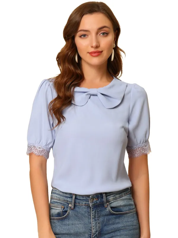 Women's Bow Round Neck Lace Puff Short Sleeve Elegant Blouse Top sold by Allegra K