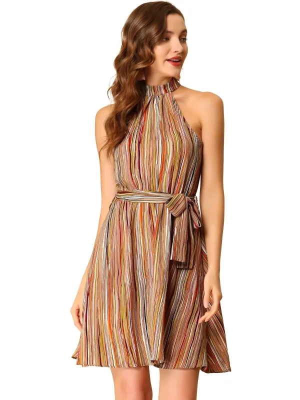 Allegra K Women¡¯s Halter Neck Casual Belted Stripe Sleeveless Dress sold by Allegra K