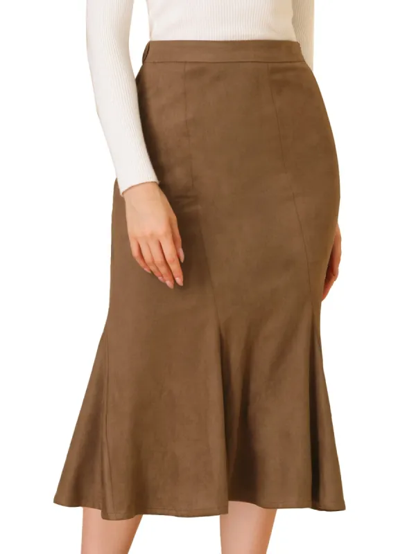 Women's Faux Suede A-Line Elastic Back Hidden Side Zip Retro Work Fall Midi Skirt sold by Allegra K
