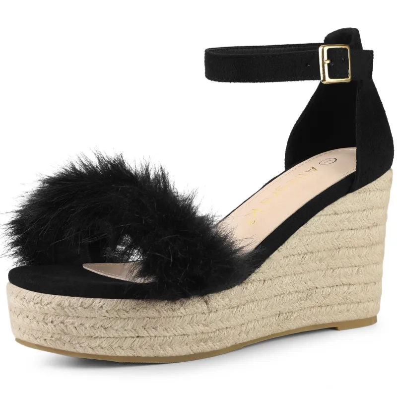 Women's Espadrille Platform Heels Fur Ankle Strap Wedge Heel Sandals sold by Allegra K