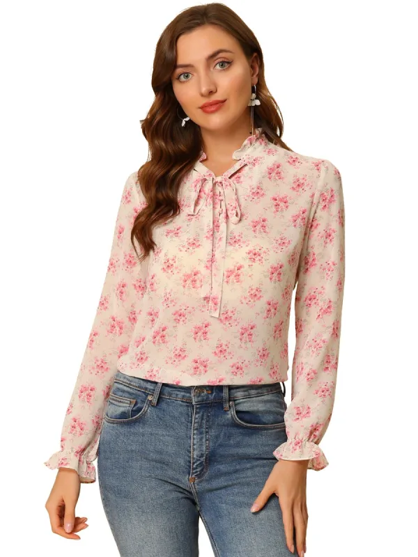Women's Semi-Sheer Tie Neck Blouse Ruffle Elegant Floral Top sold by Allegra K