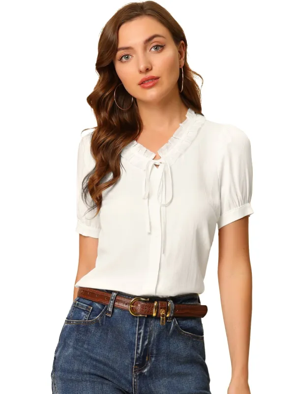 Women's Ruffle Self Tie Neck Button Up Puff Sleeve Blouse sold by Allegra K