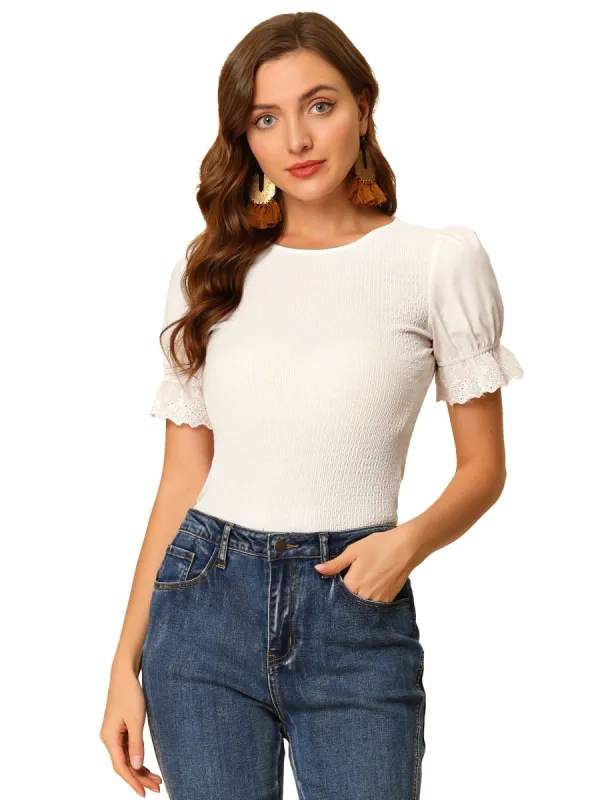 Women's Smocked Blouse Round Neck Ruffle Puff Sleeve Top sold by Allegra K