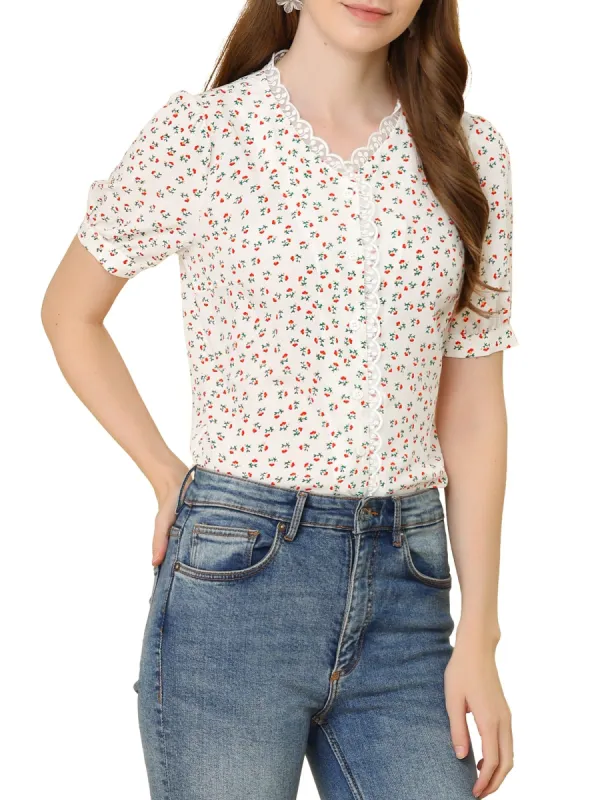 Allegra K Women's Floral Blouse Lace Ruffled V-neck Button Up Chiffon Shirt sold by Allegra K