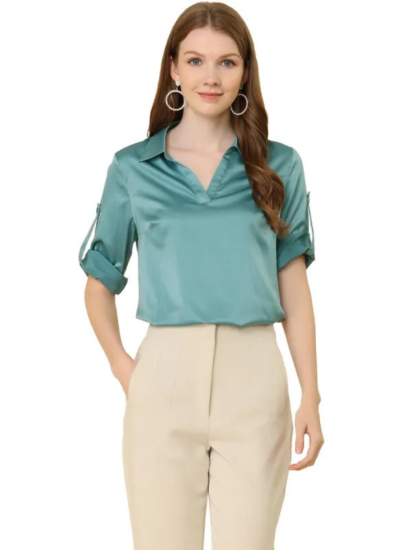 Allegra K Women's Lapel V-neck Long Sleeve Button Cuffs Satin Blouse Shirt sold by Allegra K
