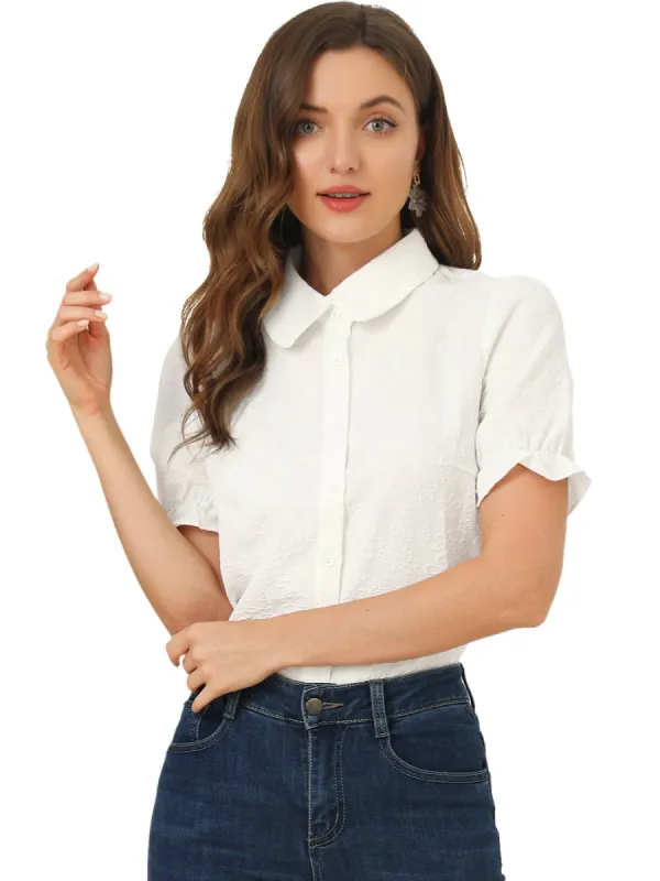 Women's Floral Peter Pan Collar Button Ruffle Puff Short Sleeve Shirt Top sold by Allegra K