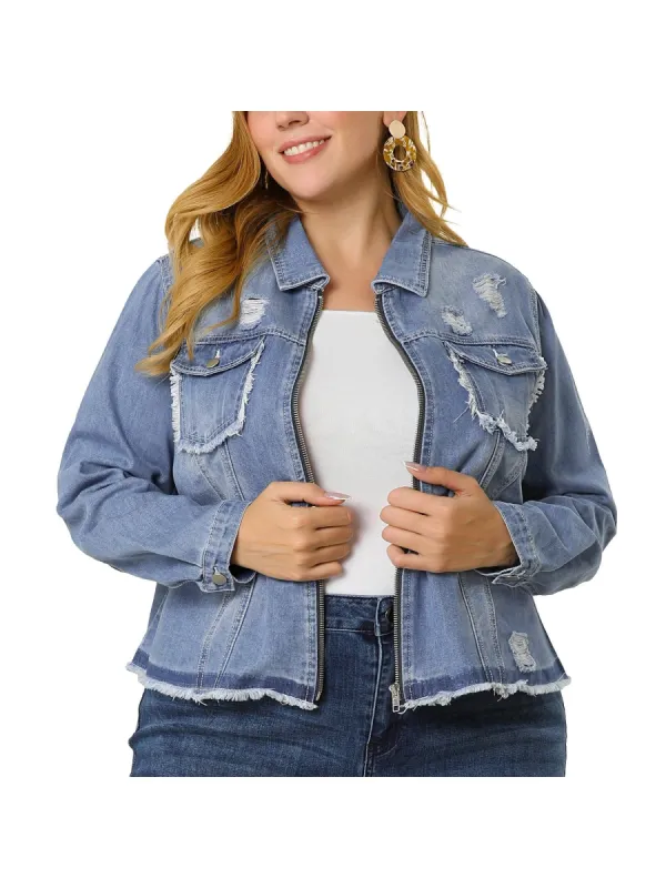 Women's Plus Size Denim Jacket Turndown Collar Chest Pocket Frayed Hem Crop Jean Jackets sold by Allegra K