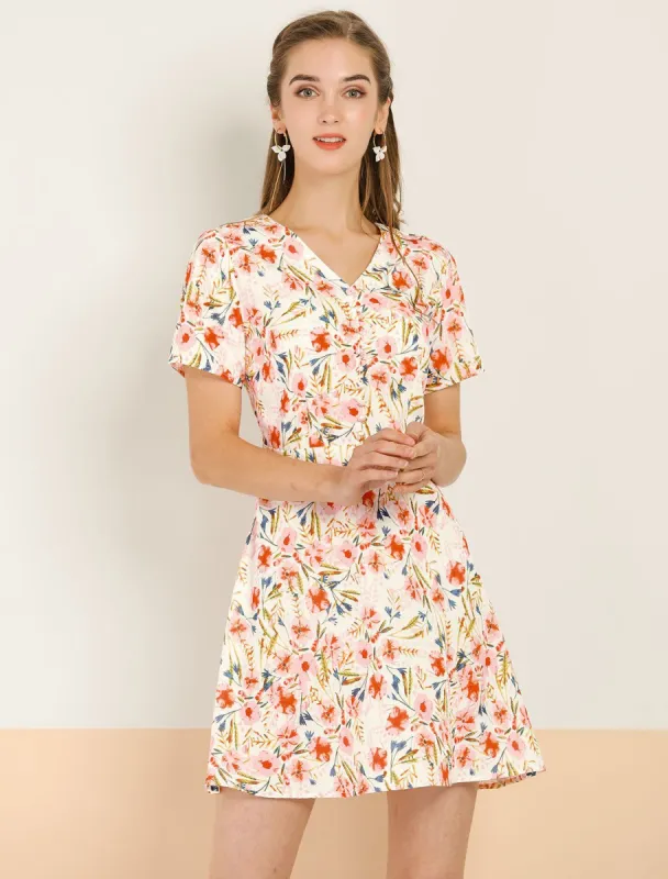 Women's Floral Print A-Line Dresses Short Sleeve V Neck Above Knee Skater Dress sold by Allegra K
