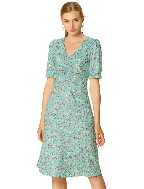 Women's Floral Ruffle Short Sleeve Ruched Cinched Waist Casual V Neck Dress sold by Allegra K