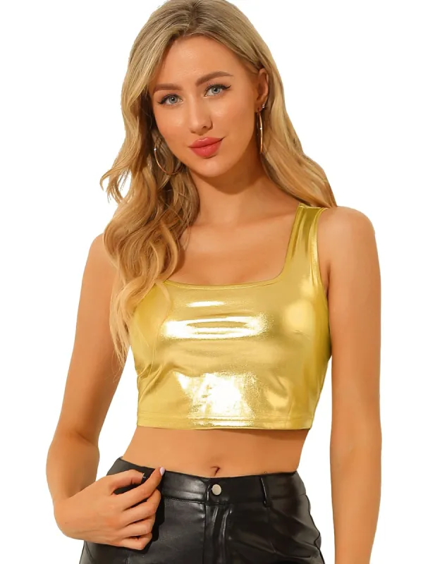 Women's U Neck Sleeveless Party Clubwear Shiny Metallic Crop Top made by Allegra K