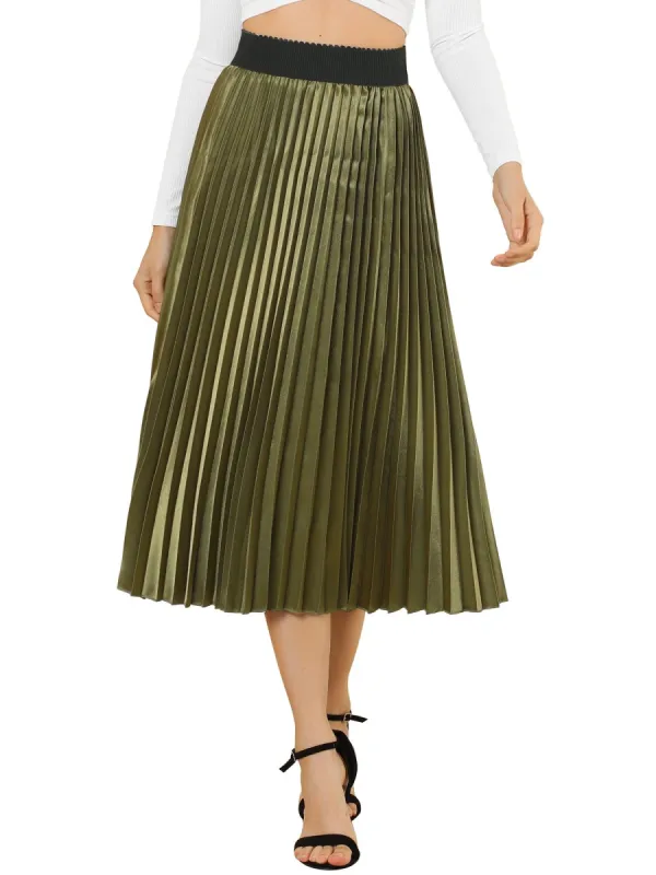 Women's Elastic Waist Party Metallic Accordion Pleated Midi Skirt made by Allegra K