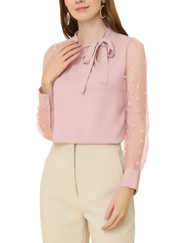 Women's Tie Neck Work Tops Elegant Semi-Sheer Mesh Polka Dots Blouse sold by Allegra K